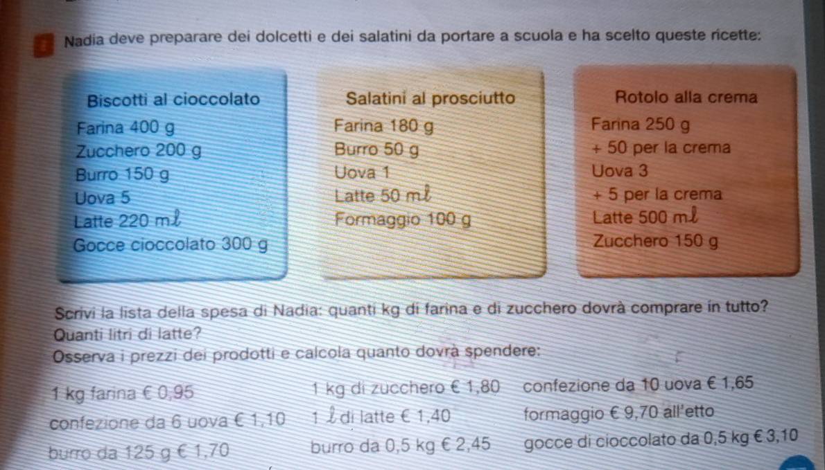 Nadia deve preparare dei dolcetti e dei salatini da portare a scuola e ha scelto queste ricette: 
Biscotti al cioccolato Salatini al prosciutto Rotolo alla crema 
Farina 400 g Farina 180 g Farina 250 g
Zucchero 200 g Burro 50 g + 50 per la crema 
Burro 150 g Uova 1 
Uova 3
Uova 5 Latte 50 m + 5 per la crema 
Latte 220 m Formaggio 100 g Latte 500 ml
Gocce cioccolato 300 g Zucchero 150 g
Scrivi la lista della spesa di Nadia: quanti kg di farina e di zucchero dovrà comprare ín tutto? 
Quanti litri di latte? 
Osserva i prezzi dei prodotti e calcola quanto dovrà spendere:
1 kg farina ∈ 0,95 1 kg di zucchero € 1,80 confezione da 10 uova £1,65
confezione da 6 uova É 1,10 1 £ di latte € 1,40 formaggio €9,70 all'etto 
burro da 125 g € 1,70 burro da 0,5 kg € 2,45 gocce di cioccolato da 0,5 kg €3,10