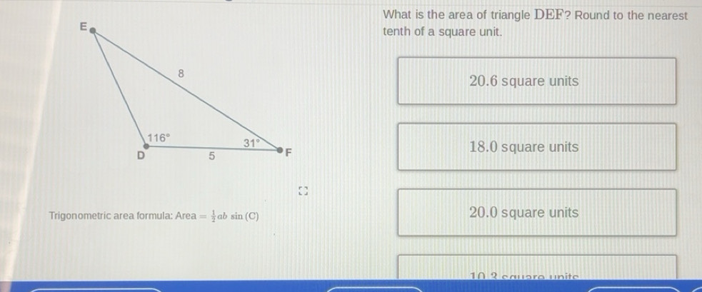 Solved: What is the area of triangle DEF? Round to the nearest tenth of ...