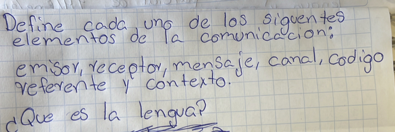 Define cada, uno de los siquentes 
elementos do la comunicc ciong 
emisor, receptor, mensaje, canal, cooligo 
referente y contexto. 
Que es la lengua?