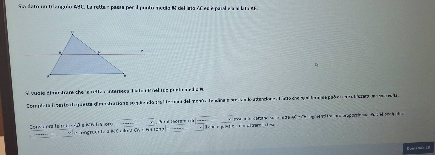 Sia dato un triangolo ABC. La retta r passa per il punto medio M del lato AC ed è parallela al lato AB. 
Si vuole dimostrare che la retta r interseca il lato CB nel suo punto medio N. 
Completa il testo di questa dimostrazione scegliendo tra i termini del menù a tendina e prestando attenzione al fatto che ogni termine può essere utilizzato una sola volta. 
Considera le rette AB e MN fra loro . Per il teorema di esse intercettano sulle rette AC e CB segmenti fra loro proporzionali. Poiché per ipotesi 
è congruente a MC allora CN e NB sono il che equivale a dimostrare la tesi. 
Domanda 19