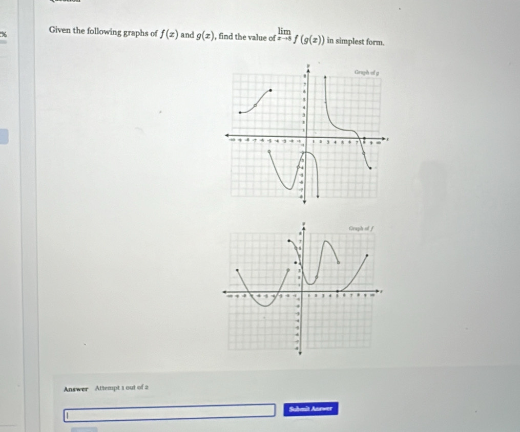 Given the following graphs of f(x) and g(x) , find the value of limlimits _xto 8f(g(x)) in simplest form. 
Answer Attempt 1 out of 2 
Suhmit Anrwer 
|