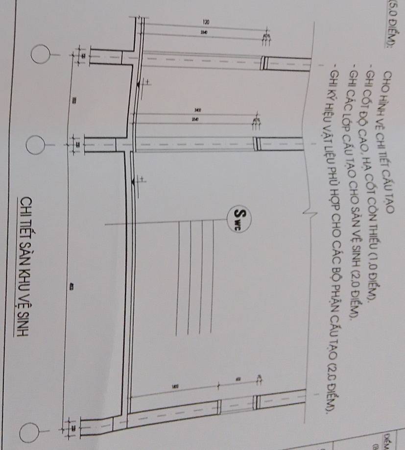 Điểm 
(5,0 điểm): CHO HỉNH Vệ CHI TiếT CẤu TẠO CB 
Ghi Cốt độ CaO, Hạ CốT CÔN tHiếU (1,0 điểm). 
- GHI CÁC LỚP CẤU TẠO CHO SẢN VỆ SINH (2,0 ĐiểM). 
- GHi Kỷ HiệU VậT LiệU PHủ HợP CHO CÁC Bộ PHẠN CẤU TạO (2,0 điểm). 
ChI Tiết SÀn KHU Vệ SINH