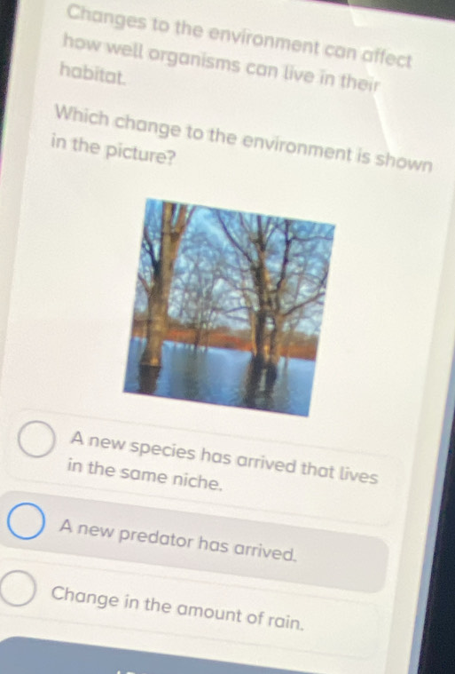 Changes to the environment can affect
how well organisms can live in their
habitat.
Which change to the environment is shown
in the picture?
A new species has arrived that lives
in the same niche.
A new predator has arrived.
Change in the amount of rain.