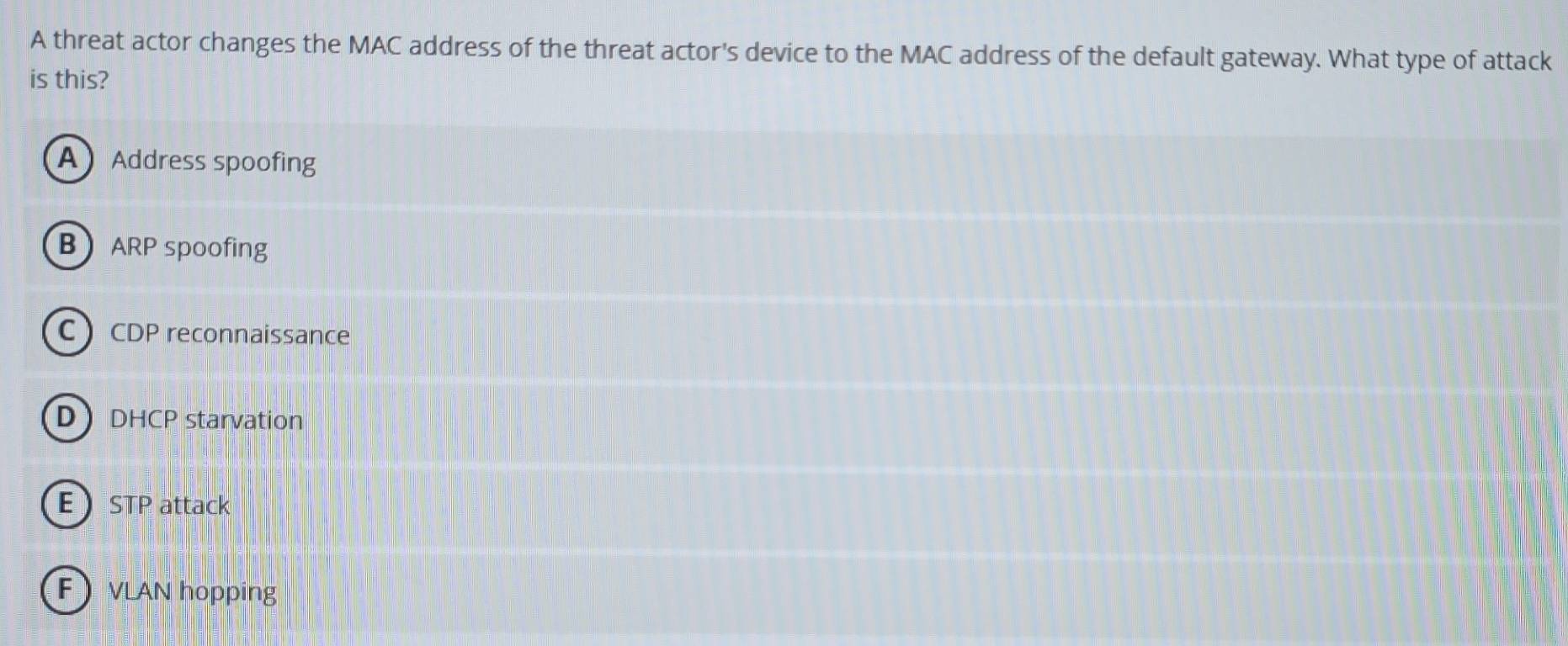Solved: A threat actor changes the MAC address of the threat actor's ...