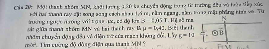 Một thanh nhôm MN, khối lượng 0,20 kg chuyển động trong từ trường đều và luôn tiếp xúc 
với hai thanh ray đặt song song cách nhau 1,6 m, nằm ngang, nằm trong mặt phẳng hình vẽ. Từ 
trường ngược hướng với trọng lực, có độ lớn B=0.05T *. Hệ số ma 
sát giữa thanh nhôm MN và hai thanh ray là mu =0,40. Biết thanh 
nhôm chuyển động đều và điện trở của mạch không đồi. Lấy g=10
m/s^2. Tìm cường độ dòng điện qua thanh MN ?