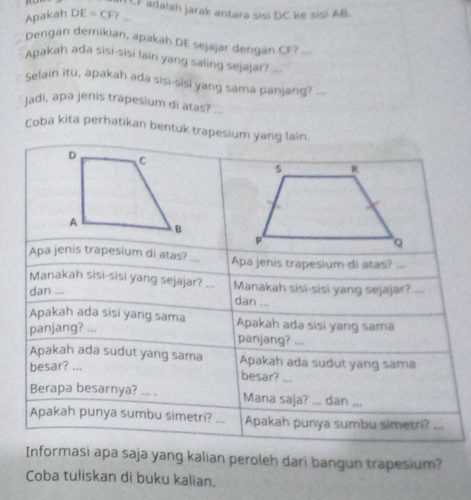 CF adalah jarak antara sisi DC ke sis! AB. 
Apakah DE=CF ? ... 
Dengan demikian, apakah DE sejajar dengan CF? .; 
Apakah ada sisi-sisi lain yang saling sejajar? 
Selain itu, apakah ada sisi-sisi yang sama panjang? ... 
jadi, apa jenis trapesium di atas? ... 
Coba kita perhatikan bentuk trapesium yang lain.
D C
s R
A 
B 
P
Q
Apa jenis trapesium di atas? ... Apa jenis trapesium di atas? ... 
Manakah sisi-sisi yang sejajar? ... Manakah sisi-sisi yang sejajar? ... 
dan ... 
dan ... 
Apakah ada sisi yang sama Apakah ada sisi yang sama 
panjang? ... 
panjang? ... 
Apakah ada sudut yang sama Apakah ada sudut yang sama 
besar? ... 
besar? ... 
Berapa besarnya? ... . Mana saja? ... dan ,.. 
Apakah punya sumbu simetri? ... Apakah punya sumbu simetri? ... 
Informasi apa saja yang kalian peroleh dari bangun trapesium? 
Coba tuliskan di buku kalian.