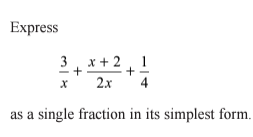 Express
 3/x + (x+2)/2x + 1/4 
as a single fraction in its simplest form.