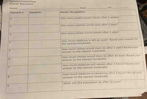 Answer Document: Exponential Growth & Decay