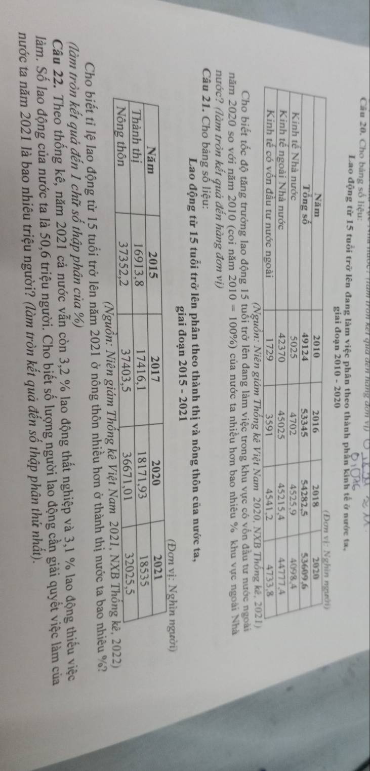 ăm tr n kế t qua đế n nan g do v 
Câu 20. Cho bảng số liệu: 
Lao động từ 15 tuổi trở lên đang làm việc phân theo thành phần kính tế ở nước ta, 
giai đoạn 2010 - 2020 
(Nguồn: Niên gi 
Cho biết tốc độ tăng trưởng lao động 15 tuổi trở lên đang làm việc trong khu vực có vốn đầu tư nước ngoài 
năm 2020 so với năm 2010 (coi năm 2010=100% ) ) của nước ta nhiều hơn bao nhiêu % khu vực ngoài Nhà 
nước? (làm tròn kết quả đến hàng đơn vị) 
Câu 21. Cho bảng số liệu: 
Lao động từ 15 tuổi trở lên phân theo thành thị và nông thôn của nước ta, 
giai đoạn 2015 - 2021 
(Nguồn: Ni 
Cho biết tỉ lệ lao động từ 15 tuổi trở lên năm 2021 ở nông thôn nhiều hơn ở thành thị nước ta bao nhiêu %? 
(làm tròn kết quả đến 1 chữ số thập phân của %) 
Câu 22. Theo thống kê, năm 2021 cả nước vẫn còn 3, 2 % lao động thất nghiệp và 3, 1 % lao động thiếu việc 
làm. Số lao động của nước ta là 50, 6 triệu người. Cho biết số lượng người lao động cần giải quyết việc làm của 
nước ta năm 2021 là bao nhiêu triệu người? (làm tròn kết quả đến số thập phân thứ nhất).