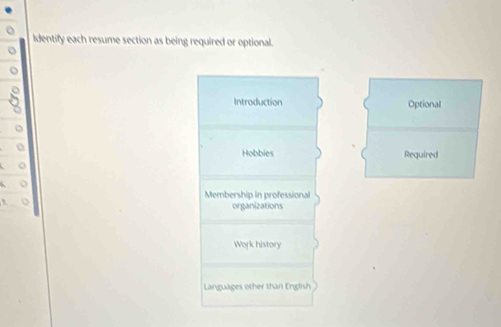 Identify each resume section as being required or optional. 
Introduction Optional 
Hobbies Required 
Membership in professional 
organizations 
Work history 
Languages other than English