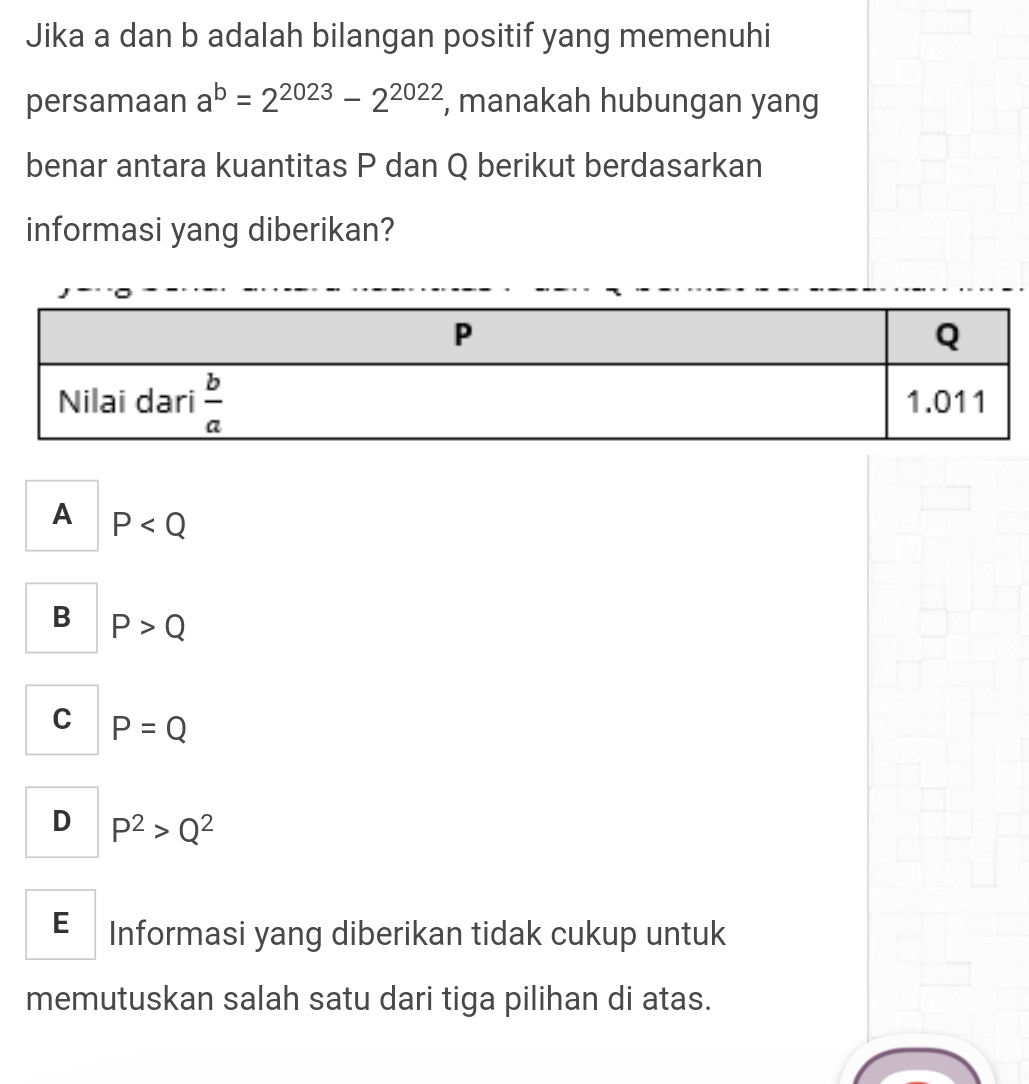 Jika a dan b adalah bilangan positif yang memenuhi
persamaan a^b=2^(2023)-2^(2022) , manakah hubungan yang
benar antara kuantitas P dan Q berikut berdasarkan
informasi yang diberikan?
A P
B P>Q
C P=Q
D P^2>Q^2
E Informasi yang diberikan tidak cukup untuk
memutuskan salah satu dari tiga pilihan di atas.