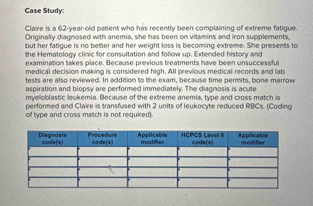 Case Study: 
Claire is a 62-year-old patient who has recently been complaining of extreme fatigue. 
Originally diagnosed with anemia, she has been on vitamins and iron supplements, 
but her fatigue is no better and her weight loss is becoming extreme. She presents to 
the Hematology clinic for consultation and follow up. Extended history and 
examination takes place. Because previous treatments have been unsuccessful 
medical decision making is considered high. All previous medical records and lab 
tests are also reviewed. In addition to the exam, because time permits, bone marrow 
aspiration and biopsy are performed immediately. The diagnosis is acute 
myeloblastic leukemia. Because of the extreme anemia, type and cross match is 
performed and Claire is transfused with 2 units of leukocyte reduced RBCs. (Coding 
of type and cross match is not required).