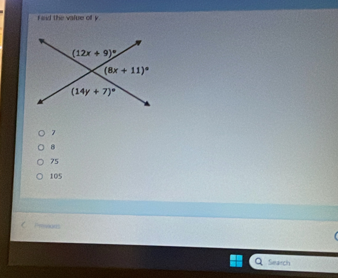 ind the value of y
7
8
75
105
Search