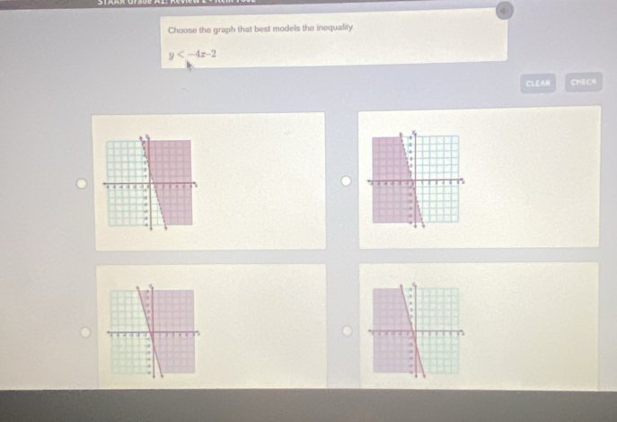 Choose the graph that best models the inequality.
y
CLEAR CHECK