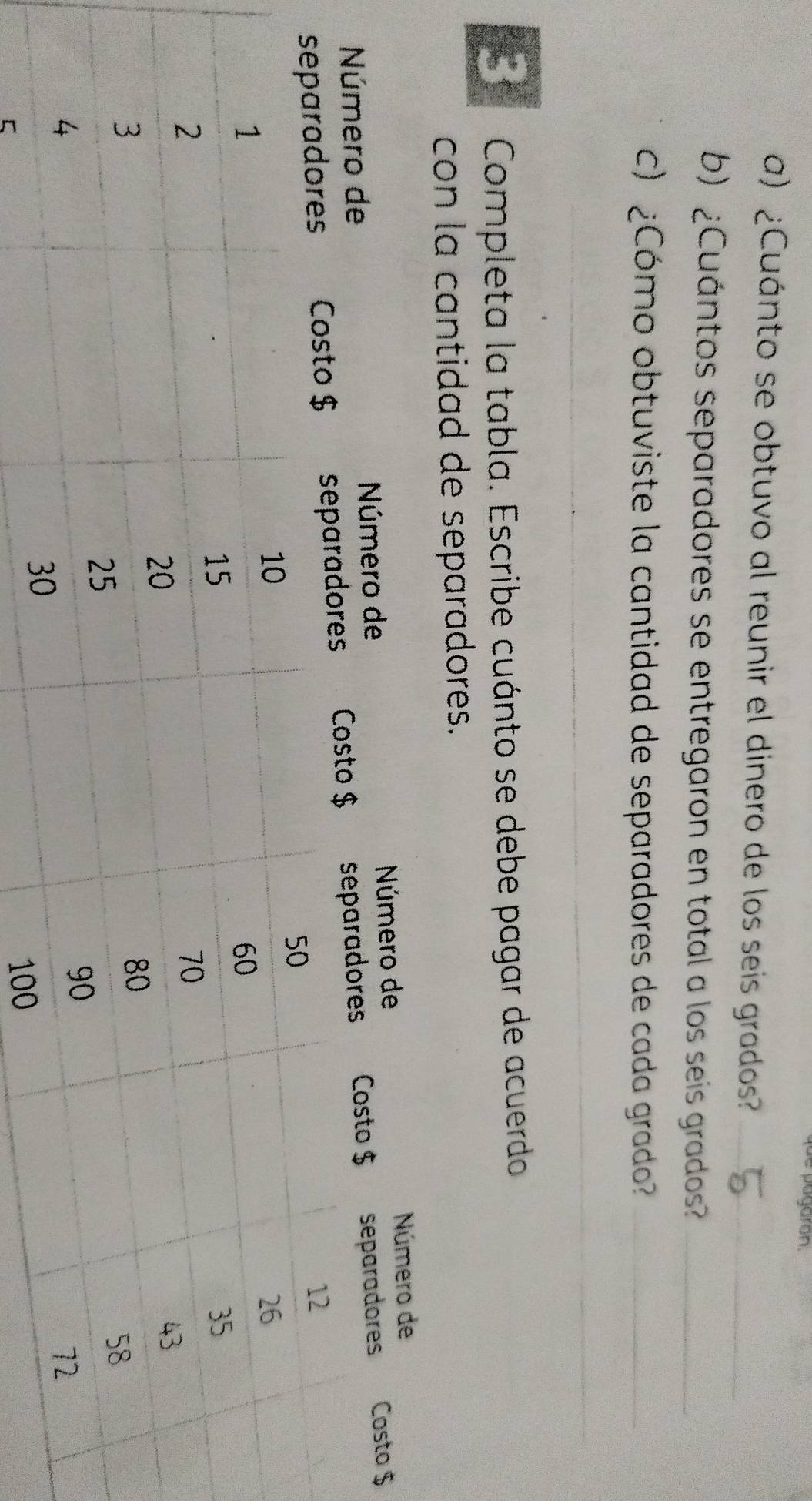 uuguron 
a) ¿Cuánto se obtuvo al reunir el dinero de los seis grados?__ 
_ 
b) ¿Cuántos separadores se entregaron en total a los seis grados?_ 
c) ¿Cómo obtuviste la cantidad de separadores de cada grado?_ 
_ 
3 Completa la tabla. Escribe cuánto se debe pagar de acuerdo 
con la cantidad de separadores. 
$ 
C