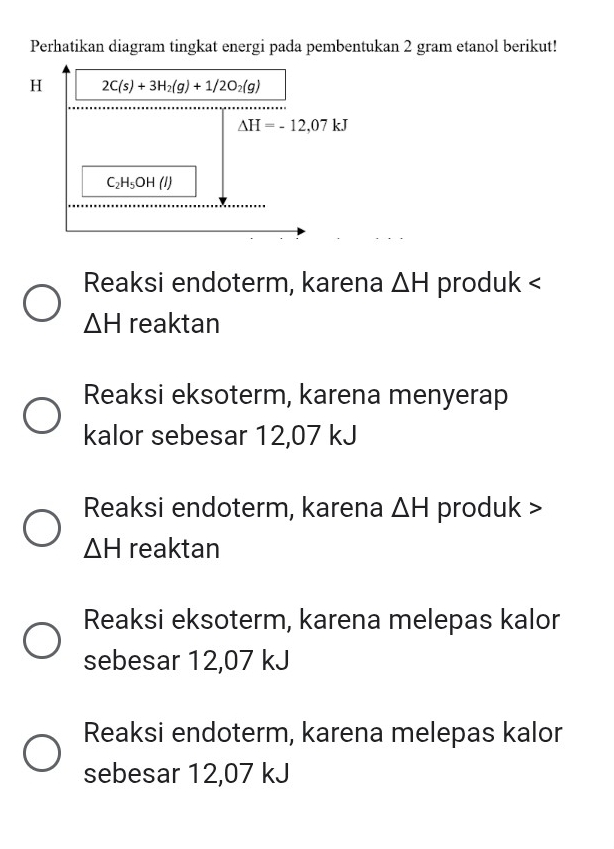 Perhatikan diagram tingkat energi pada pembentukan 2 gram etanol berikut!
H 2C(s)+3H_2(g)+1/2O_2(g)
Delta H=-12,07kJ
C_2H_5OH(l)
Reaksi endoterm, karena △ H produk △ H reaktan
Reaksi eksoterm, karena menyerap
kalor sebesar 12,07 kJ
Reaksi endoterm, karena △ H produk >
△ H reaktan
Reaksi eksoterm, karena melepas kalor
sebesar 12,07 kJ
Reaksi endoterm, karena melepas kalor
sebesar 12,07 kJ