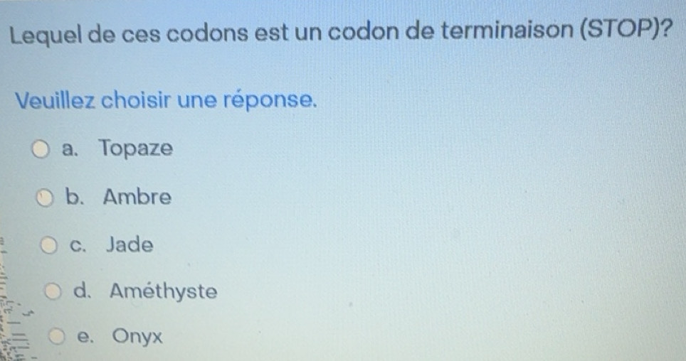 Solved: Lequel de ces codons est un codon de terminaison (STOP ...