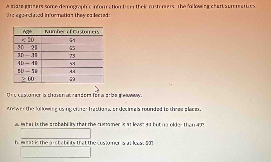 A store gathers some demographic information from their customers. The following chart summarizes
the age-related information they collected:
One customer is chosen at random for a prize giveaway.
Answer the following using either fractions, or decimals rounded to three places.
a. What is the probability that the customer is at least 30 but no older than 49?
b. What is the probability that the customer is at least 60?