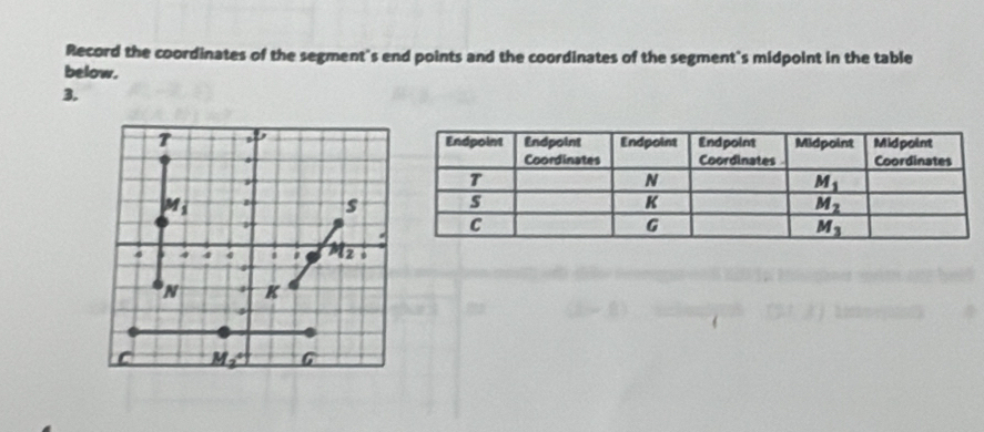 Record the coordinates of the segment's end points and the coordinates of the segment's midpoint in the table
below.
3.
7 
.
;
M_i
s
4 4 4 11overline 2 φ
N K
C M_2uparrow G