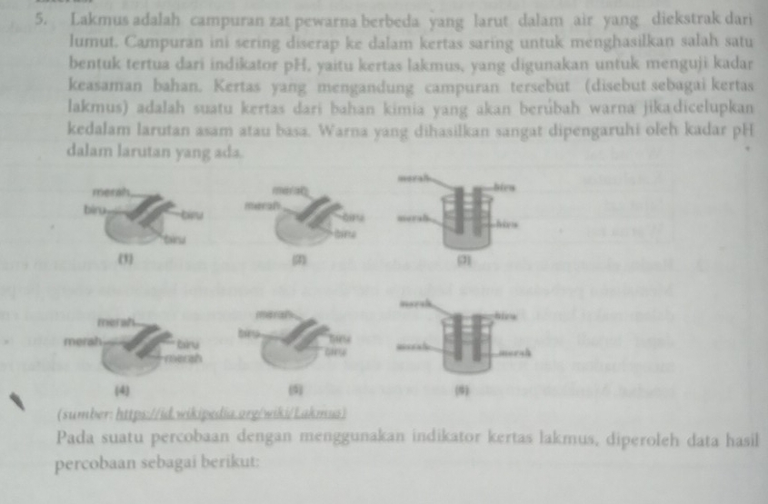 Lakmus adalah campuran zat pewarna berbeda yang larut dalam air yang diekstrak dari 
lumut. Campuran ini sering diserap ke dalam kertas saring untuk menghasilkan salah satu 
bentuk tertua dari indikator pH, yaitu kertas lakmus, yang digunakan untuk menguji kadar 
keasaman bahan. Kertas yang mengandung campuran tersebut (disebut sebagai kertas 
lakmus) adalah suatu kertas dari bahan kimia yang akan berúbah warna jikadicelupkan 
kedalam larutan asam atau basa. Warna yang dihasilkan sangat dipengaruhi oleh kadar pH 
dalam larutan yang ada. 

(4) (5) 
(sumber: https://id.wikipedia.org/wiki/Lakmus) 
Pada suatu percobaan dengan menggunakan indikator kertas lakmus, diperoleh data hasil 
percobaan sebagai berikut: