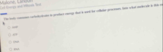 Malone, Landón
Coll Energy and Mitosis Test
The body consumes carbohydrates to produce energy that is used for cellular processes. Into what molecule is this en
ATP
DNA
RNA