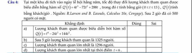 Tại một khu di tích vào ngày lễ hội hằng năm, tốc độ thay đối lượng khách tham quan được
biểu diễn bằng hàm số Q'(t)=4t^3-72t^2+288t , trong đó / tính bằng giờ (0≤ t≤ 13),Q'(t) tính
bằng khách/giờ . Ngưồn: R.Larson and B. Eawads, Calculus 10e, Cengage). Sau 2 giờ đã có 500