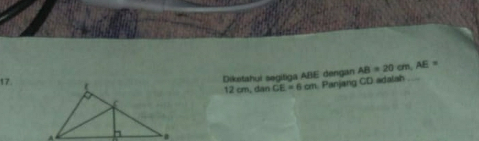 Diketahui segitiga ABE dengan AB=20cm, AE=
17. Panjang CD adalah
12 cm, dan CE=6cm