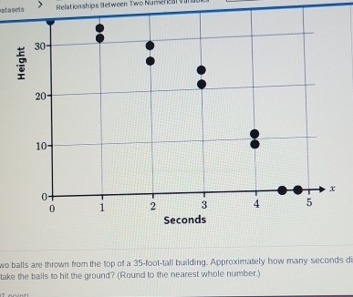 atasels Relation ships Between Two Numer ka v a
30
20
10
x
0.
0 1 2 3 4 5
Seconds
wo balls are thrown from the top of a 35-foot -tall building. Approximately how many seconds di 
take the balls to hit the ground? (Round to the nearest whole number.)