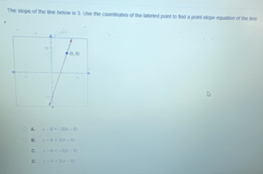 The slope of the line below is 3. Uise the coordinates of the labeled point to find a point-slope equation of the line
A. x-8=-3(x-6)
x-8=3(x-6)
e y=6+-3(x-2)
D. x-5=3(x-6)