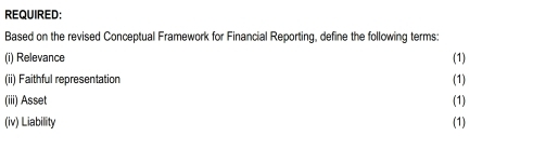 REQUIRED: 
Based on the revised Conceptual Framework for Financial Reporting, define the following terms: 
(i) Relevance (1) 
(ii) Faithful representation (1) 
(iii) Asset (1) 
(iv) Liability (1)