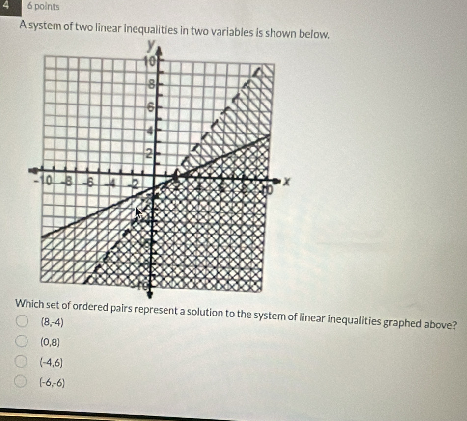 4 6 points
A system of two linear inequalities in two variables is shown below.
ordered pairs represent a solution to the system of linear inequalities graphed above?
(8,-4)
(0,8)
(-4,6)
(-6,-6)