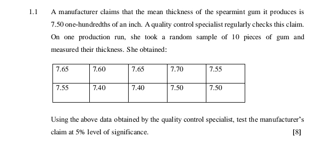 1.1 A manufacturer claims that the mean thickness of the spearmint gum it produces is
7.50 one-hundredths of an inch. A quality control specialist regularly checks this claim. 
On one production run, she took a random sample of 10 pieces of gum and 
measured their thickness. She obtained: 
Using the above data obtained by the quality control specialist, test the manufacturer’s 
claim at 5% level of significance. [8]