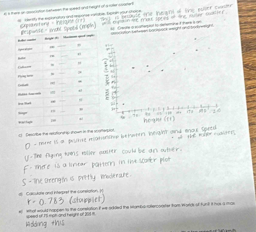 is there an association between the speed and height of a ratter coaster? 
a) Identify the explanatory and response variable, Explain your choice. 
a 
b) Create a scotterplot to determine it there is an 
association between backpack weight and bodyweight. 
< 
c) Describe the relationship shown in the scatterplot. 
d) Calculate and interpret the correlation. (r) 
e) What would happen to the correlation if we added the Mamba rollercoaster from Worlds of Fun? It has a max 
speed of  75 mph and height of 205 ft.