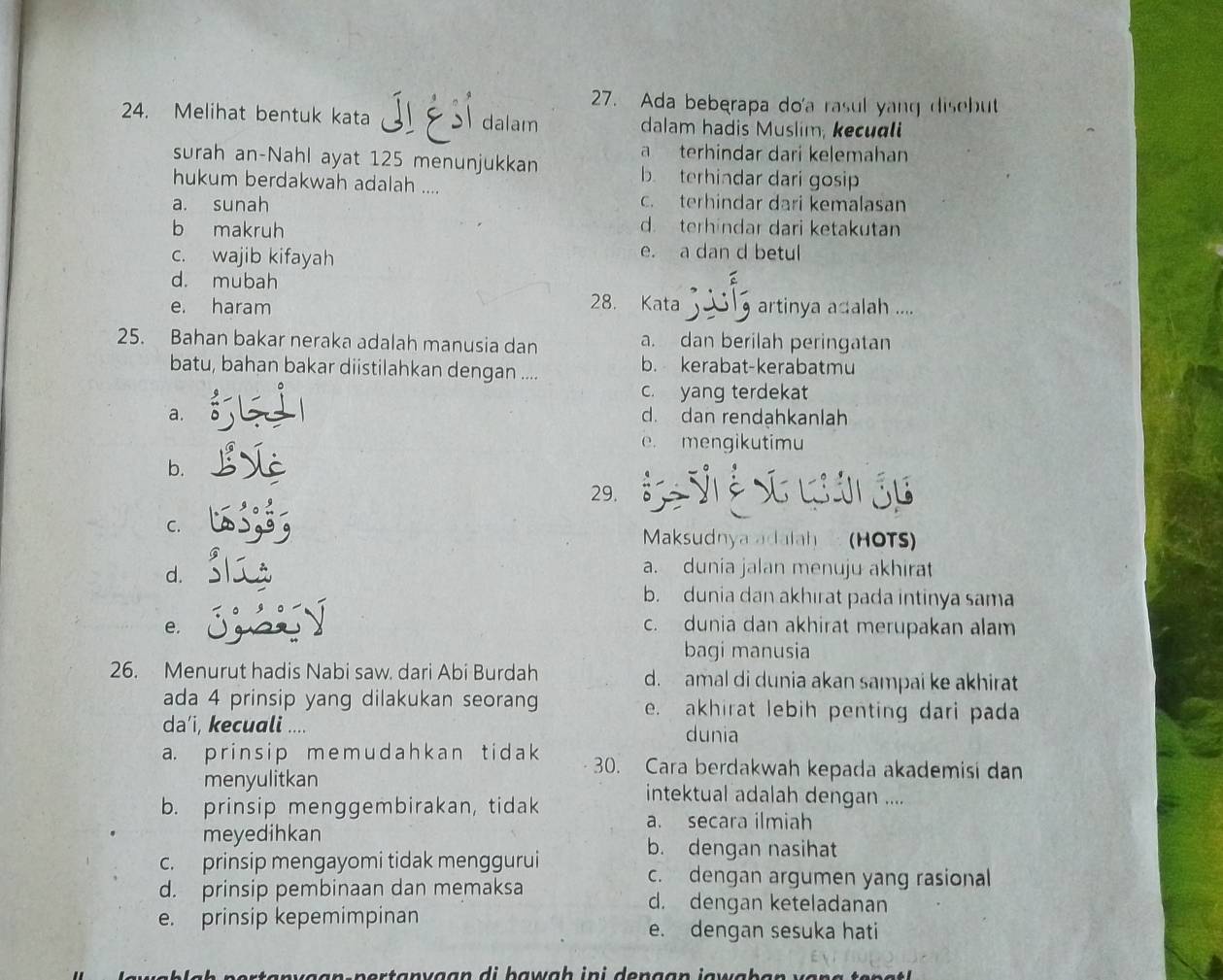 Ada beberapa do'a rasul yang disebut
24. Melihat bentuk kata dalam dalam hadis Muslim, kecuali
a terhindar dari kelemahan
surah an-Nahl ayat 125 menunjukkan b terhindar dari gosip
hukum berdakwah adalah ....
a. sunah c. terhindar dari kemalasan
b makruh
d. terhindar dari ketakutan
c. wajib kifayah e. a dan d betul
d. mubah
e. haram 28. Kata artinya adalah ....
25. Bahan bakar neraka adalah manusia dan a. dan berilah peringatan
batu, bahan bakar diistilahkan dengan ....
b. kerabat-kerabatmu
c. yang terdekat
a. d. dan rendahkanlah
e. mengikutimu
b.
29. ji je
C. (HOTS)
Maksudnya adalah
d.
a. dunia jalan menuju akhira
b. dunia dan akhırat pada intinya sama
e. c. dunia dan akhirat merupakan alam
bagi manusia
26. Menurut hadis Nabi saw. dari Abi Burdah d. amal di dunia akan sampai ke akhirat
ada 4 prinsip yang dilakukan seorang e. akhirat lebih penting dari pada
da'i, kecuali .... dunia
a. p rinsi p m e m u d ah k an t i d a k 30. Cara berdakwah kepada akademisi dan
menyulitkan intektual adalah dengan ....
b. prinsip menggembirakan, tidak
a. secara ilmiah
meyedihkan b. dengan nasihat
c. prinsip mengayomi tidak menggurui
c. dengan argumen yang rasional
d. prinsip pembinaan dan memaksa d. dengan keteladanan
e. prinsip kepemimpinan
e. dengan sesuka hati