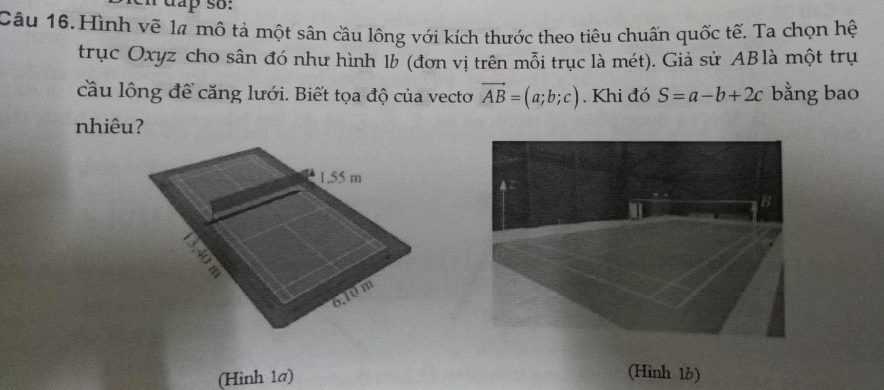 dap so :
Câu 16. Hình vẽ lã mô tả một sân cầu lông với kích thước theo tiêu chuấn quốc tế. Ta chọn hệ
trục Oxyz cho sân đó như hình 1b (đơn vị trên mỗi trục là mét). Giả sử ABlà một trụ
cầu lông để căng lưới. Biết tọa độ của vecto vector AB=(a;b;c). Khi đó S=a-b+2c bằng bao
nhiêu?
(Hình 1a) (Hình 1b)