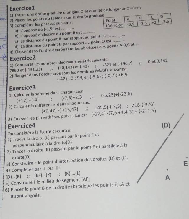 OI=1cm
1) Tracer une droite graduée d'origine O et d’unité de longueur
2) Placer les points du tableau sur le droite gra
3) Compléter les phrases suivants: 
a) L'opposé du (-1,5) est _
b) L'opposé d'abscice du point B est_
c) La distance du point A par rapport au point O est_
d) La distance du point D par rapport au point O est_
4) Classer dans l’ordre décroissant les abscisses des points A,B,C et D.
Exercice2
1) Comparer les nombres décimaux relatifs suivants:
7890 et (-131,23);; (+0,142) et (-43);; -521 et (-196,7);; 0 et 0,142
2) Ranger dans l’ordre croissant les nombres relatifs suivants:
(-42;0;93,3;(-5,6);(-0,7);+6,9
Exercice3
1) Calculer la somme dans chaque cas: (-7,5)+2,3;(-5,23)+(-23,6)
(+12)+(-4);;
2) Calculer la différence dans chaque cas: (-45,5)-(-3,5);;218-(-376)
(+0,47)-(+15,47);;
3) Enlever les parenthèses puis calculer: (-12,4)-(7,6+4,4-3)+(-2+1,5)
Exercice4 (D)
On considère la figure ci-contre:
1) Tracer la droite (L) passant par le point E et
perpendiculaire à la droite(D)
2) Tracer la droite (K) passant par le point E et parallèle à la
droite(D)
3) Construire F le point d’intersection des droites (D) et (L).
E
4) Compléter par ⊥ ou Ⅱ :
(D)...(K) ;; (EF)...(K) ;; (K)....(L)
.
5) Construire I le milieu de segment [AF]
A
6) Placer le point B de la droite (K) telque les points F,I,A et
B sont alignés.