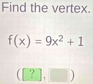 Find the vertex.
f(x)=9x^2+1
([?],□ )