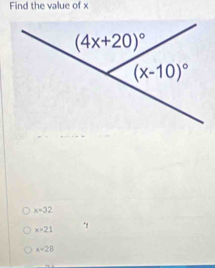 Find the value of x
x=32
x=21
x=28