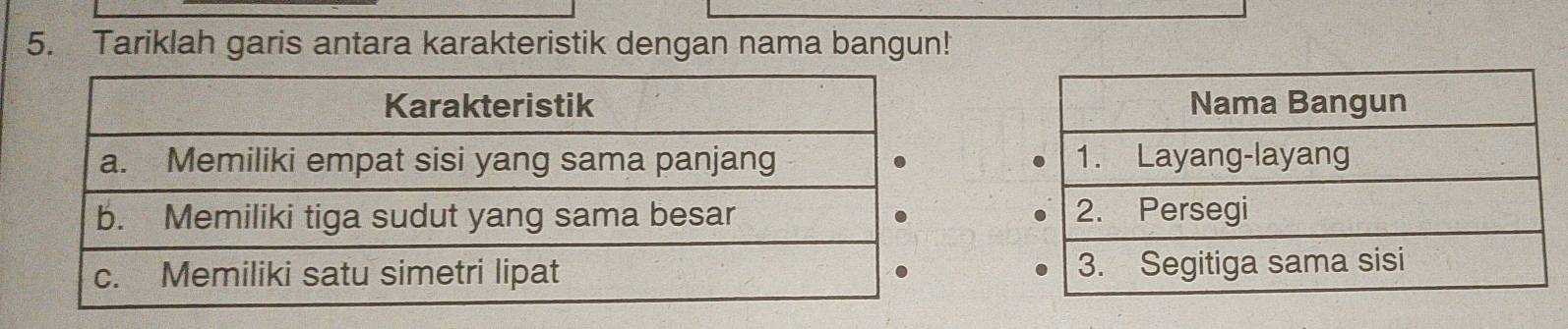 Tariklah garis antara karakteristik dengan nama bangun!