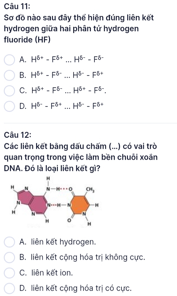 Sơ đồ nào sau đây thể hiện đúng liên kết
hydrogen giữa hai phân tử hydrogen
fluoride (HF)
A. H^(delta +)-F^(delta +)...H^(delta -)-F^(delta -)
B. H^(delta +)-F^(delta -)...H^(delta -)-F^(delta +)
C. H^(delta +)-F^(delta -)...H^(delta +)-F^(delta -).
D. H^(delta -)-F^(delta +)...H^(delta -)-F^(delta +)
Câu 12:
Các liên kết bằng dấu chấm (...) có vai trò
quan trọng trong việc làm bền chuỗi xoắn
DNA. Đó là loại liên kết gì?
A. liên kết hydrogen.
B. liên kết cộng hóa trị không cực.
C. liên kết ion.
D. liên kết cộng hóa trị có cực.