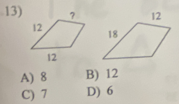 A) 8 B) 12
C) 7
D) 6