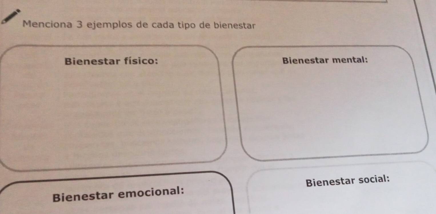 Menciona 3 ejemplos de cada tipo de bienestar 
Bienestar físico: Bienestar mental: 
Bienestar emocional: Bienestar social: