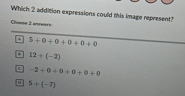 Which 2 addition expressions could this image represent?
Choose 2 answers:
A 5+0+0+0+0+0
B 12+(-2)
C -2+0+0+0+0+0
D 5+(-7)