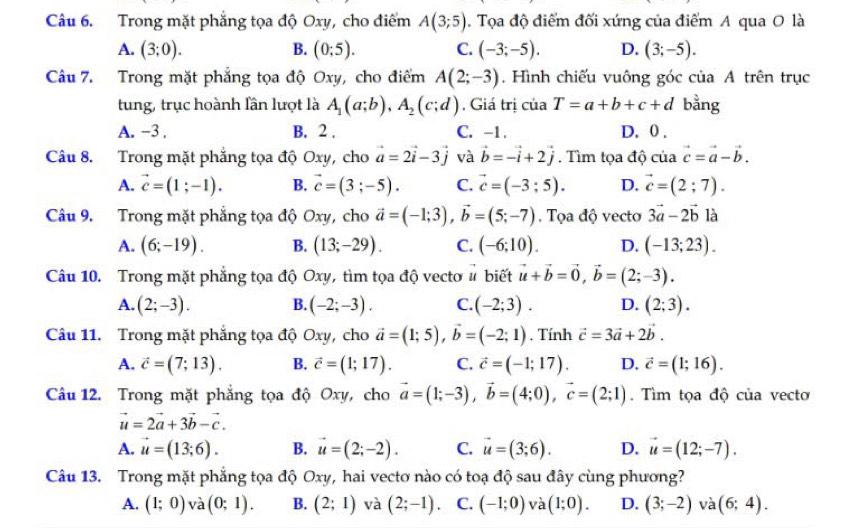 Trong mặt phẳng tọa độ Oxy, cho điểm A(3;5). Tọa độ điểm đối xứng của điểm A qua O là
A. (3;0). B. (0;5). C. (-3;-5). D. (3;-5).
Câu 7. Trong mặt phẳng tọa độ Oxy, cho điểm A(2;-3) , Hình chiếu vuông góc của A trên trục
tung, trục hoành lần lượt là A_1(a;b),A_2(c;d). Giá trị của T=a+b+c+d bằng
A. -3 . B. 2 . C. -1 . D. 0 .
Câu 8. Trong mặt phẳng tọa độ Oxy, cho vector a=2vector i-3vector j và vector b=-vector i+2vector j.  Tìm tọa độ của vector c=vector a-vector b.
A. vector c=(1;-1). B. vector c=(3;-5). C. vector c=(-3;5). D. vector c=(2;7).
Câu 9. Trong mặt phẳng tọa độ Oxy, cho vector a=(-1;3),vector b=(5;-7). Tọa độ vecto 3vector a-2vector b là
A. (6;-19). B. (13;-29). C. (-6;10). D. (-13;23).
Câu 10. Trong mặt phẳng tọa độ Oxy, tìm tọa độ vecto # biết vector u+vector b=vector 0,vector b=(2;-3).
A. (2;-3). B. (-2;-3). C. (-2;3). D. (2;3).
Câu 11. Trong mặt phẳng tọa độ Oxy, cho vector a=(1;5),vector b=(-2;1). Tính vector c=3vector a+2vector b.
A. vector c=(7;13). B. vector c=(1;17). C. vector c=(-1;17). D. vector c=(1;16).
Câu 12. Trong mặt phẳng tọa độ Oxy, cho vector a=(1;-3),vector b=(4;0),vector c=(2;1). Tìm tọa độ của vecto
vector u=2vector a+3vector b-vector c.
A. vector u=(13;6). B. vector u=(2;-2). C. vector u=(3;6). D. vector u=(12;-7).
Câu 13. Trong mặt phẳng tọa độ Oxy, hai vecto nào có toạ độ sau đây cùng phương?
A. (1;0) và (0;1). B. (2;1) và (2;-1) C. (-1;0) và (1;0). D. (3;-2) và (6;4).