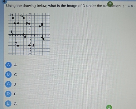 Using the drawing below, what is the image of D under the trandration (-2,4).
A A
B C
CJ
DF
E) G