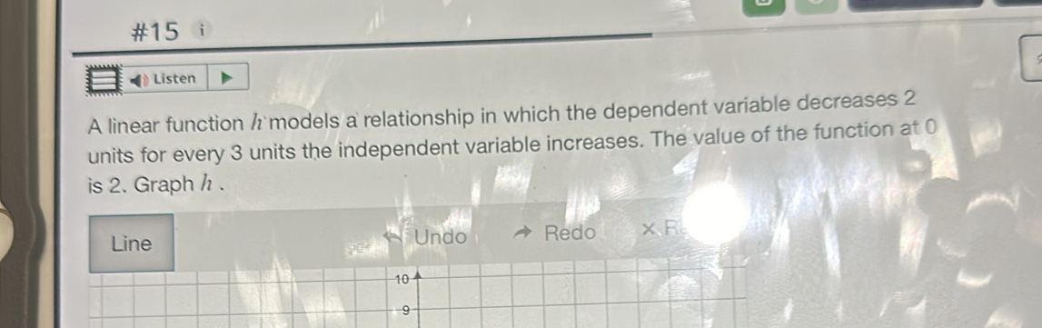 #15 
Listen 
A linear function / models a relationship in which the dependent variable decreases 2
units for every 3 units the independent variable increases. The value of the function at 0
is 2. Graph / . 
Line Undo Redo XR
10
9