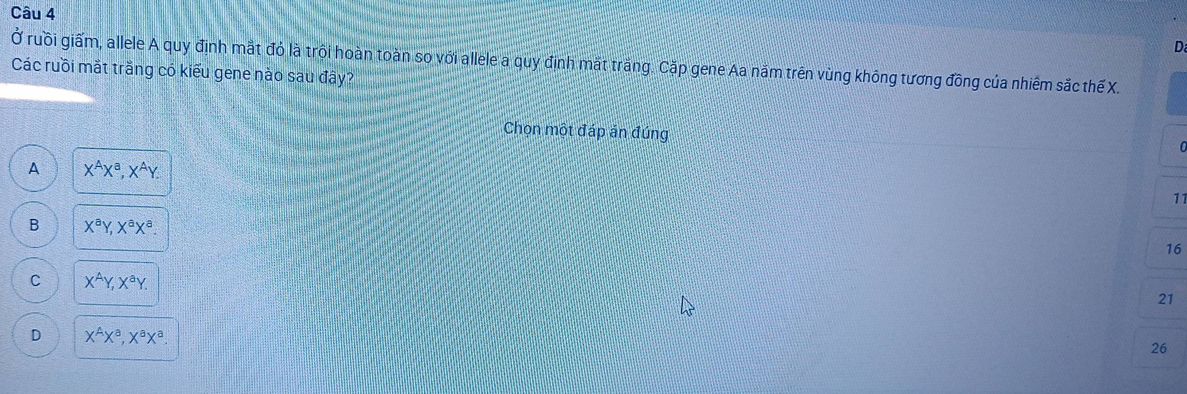 Ở ruồi giấm, allele A quy định mắt đỏ là trội hoàn toàn so với allele a quy định mắt trắng. Cặp gene Aa năm trên vùng không tương đồng của nhiêm sắc thế X.
Các ruồi mắt trằng có kiểu gene nào sau đây?
Chọn một đáp án đúng
0
A X^AX^a, X^AY.
11
B X^aY, X^aX^a.
16
C X^AY, X^aY.
21
D X^AX^a, X^aX^a.
26