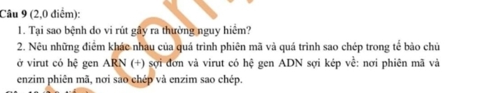 (2,0 điểm): 
1. Tại sao bệnh do vi rút gây ra thường nguy hiểm? 
2. Nêu những điểm khác nhau của quá trình phiên mã và quá trình sao chép trong tế bảo chủ 
ở virut có hệ gen ARN (+) sợi đơn và virut có hệ gen ADN sợi kép về: nơi phiên mã và 
enzim phiên mã, nơi sao chép và enzim sao chép.