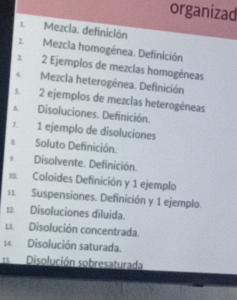 organizad 
L Mezcla. definición 
2 Mezcla homogénea. Definición 
3. 2 Ejemplos de mezclas homogéneas 
4. Mezcla heterogénea. Definición 
5, 2 ejemplos de mezclas heterogéneas 
6. Disoluciones. Definición. 
7. 1 ejemplo de disoluciones 
8 Soluto Definición. 
9Disolvente. Definición. 
10 Coloides Definición y 1 ejemplo 
11. Suspensiones. Definición y 1 ejemplo. 
1 Disoluciones diluida. 
1 Disolución concentrada. 
14 Disolución saturada. 
Is Disolución sobresaturada