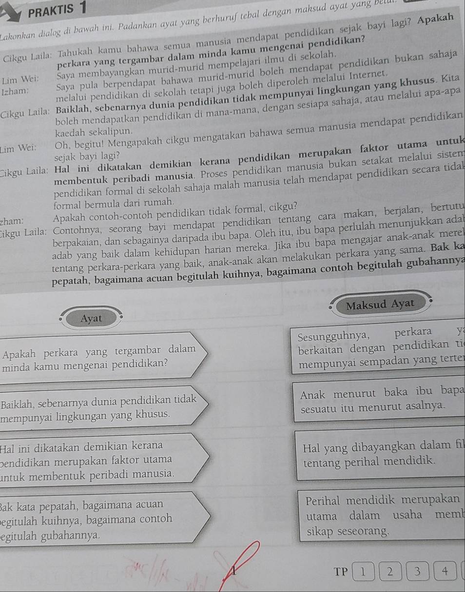 PRAKTIS 1
Lakonkan dialog di bawah ini. Padankan ayat yang berhuruf tebal dengan maksud ayat yang bell
Cikgu Laila: Tahukah kamu bahawa semua manusia mendapat pendidikan sejak bayi lagi? Apakah
perkara yang tergambar dalam minda kamu mengenai pendidikan?
Lim Wei: Saya membayangkan murid-murid mempelajari ilmu di sekolah.
Izham: Saya pula berpendapat bahawa murid-murid boleh mendapat pendidikan bukan sahaja
melalui pendidikan di sekolah tetapi juga boleh diperoleh melalui Internet.
Cikgu Laila: Baiklah, sebenarnya dunia pendidikan tidak mempunyai lingkungan yang khusus. Kita
boleh mendapatkan pendidikan di mana-mana, dengan sesiapa sahaja, atau melalui apa-apa
kaedah sekalipun.
Lim Wei: Oh, begitu! Mengapakah cikgu mengatakan bahawa semua manusia mendapat pendidikan
sejak bayi lagi?
Cikgu Laila: Hal ini dikatakan demikian kerana pendidikan merupakan faktor utama untuk
membentuk peribadi manusia. Proses pendidikan manusia bukan setakat melalui sistem
pendidikan formal di sekolah sahaja malah manusia telah mendapat pendidikan secara tidal
formal bermula dari rumah.
zham: Apakah contoh-contoh pendidikan tidak formal, cikgu?
Cikgu Laila: Contohnya, seorang bayi mendapat pendidikan tentang cara makan, berjalan, bertutu
berpakaian, dan sebagainya daripada ibu bapa. Oleh itu, ibu bapa perlulah menunjukkan adal
adab yang baik dalam kehidupan harian mereka. Jika ibu bapa mengajar anak-anak merel
tentang perkara-perkara yang baik, anak-anak akan melakukan perkara yang sama. Bak ka
pepatah, bagaimana acuan begitulah kuihnya, bagaimana contoh begitulah gubahannya
Ayat Maksud Ayat
Apakah perkara yang tergambar dalam Sesungguhnya, perkara y
minda kamu mengenai pendidikan? berkaitan dengan pendidikan ti
mempunyai sempadan yang terter
Baiklah, sebenarnya dunia pendidikan tidak Anak menurut baka ibu bapa
mempunyai lingkungan yang khusus. sesuatu itu menurut asalnya.
Hal ini dikatakan demikian kerana
pendidikan merupakan faktor utama Hal yang dibayangkan dalam fil
untuk membentuk peribadi manusia. tentang perihal mendidik.
Bak kata pepatah, bagaimana acuan Perihal mendidik merupakan
begitulah kuihnya, bagaimana contoh utama dalam usaha memb
egitulah gubahannya.
sikap seseorang.
TP 1 2 3 4